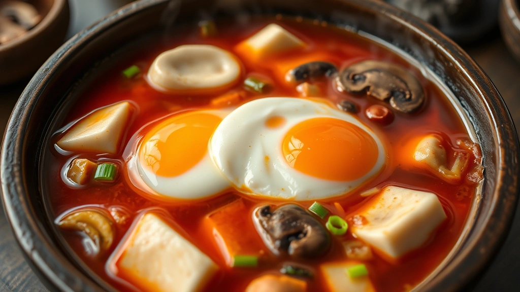 hero: steaming bowl of soondubu jjigae with silken tofu and runny egg yolk, Korean stone bowl, vibrant red broth, scallions and mushrooms, photorealistic, natural light, no text