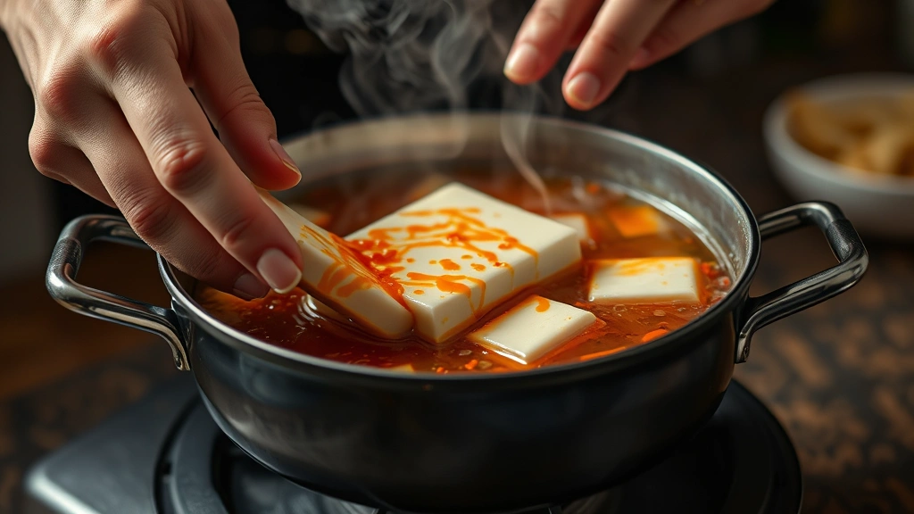 process: hands gently sliding silken tofu into simmering broth with gochugaru paste, steam rising, photorealistic, natural light, no text