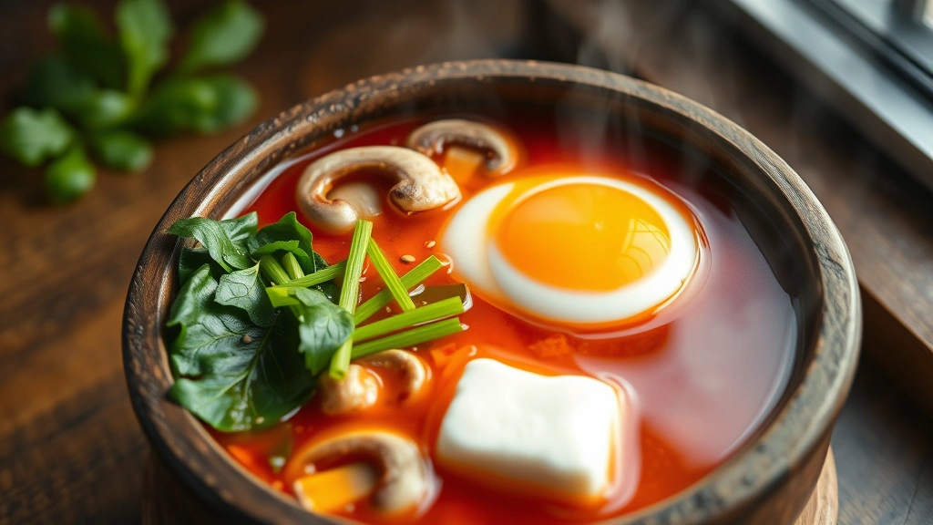 hero: bubbling bowl of soondubu stew with soft tofu, red broth, raw egg, mushrooms, spinach, green onions, and sesame seeds in a traditional stone pot or ceramic bowl, photorealistic, natural light, steam rising, no text