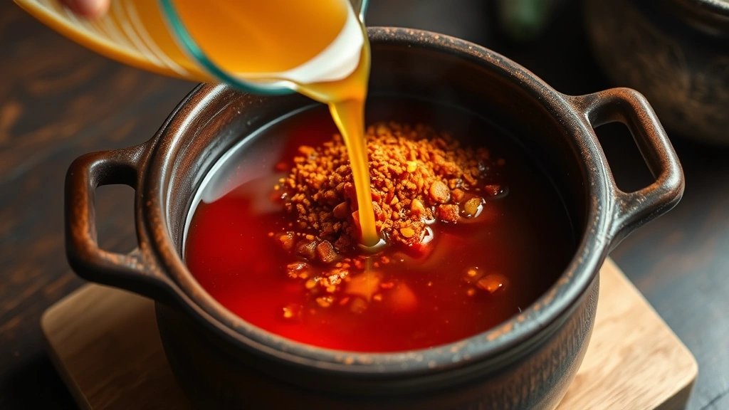 process: pouring anchovy dashi stock into a clay pot with gochugaru and gochujang being stirred in, showing the deep red color developing, photorealistic, natural light, no text