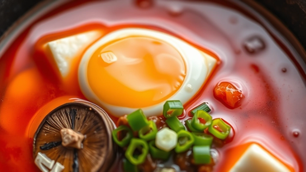detail: close-up of silky soft tofu cubes in crimson broth with a perfectly cooked egg, mushroom slices, and green onion garnish, photorealistic, natural light, shallow depth of field, no text