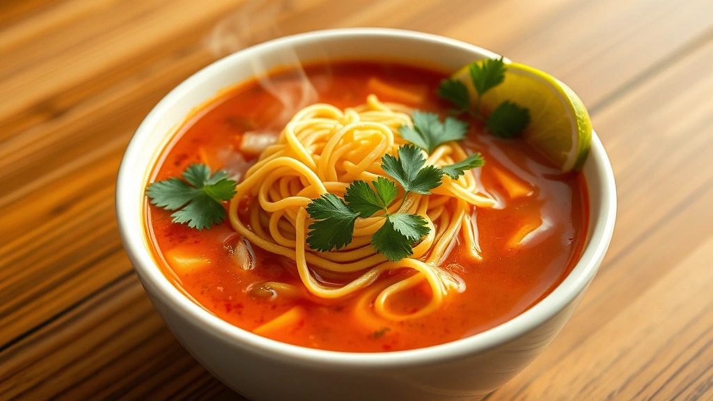 hero: steaming bowl of sopa de fideo with golden toasted noodles, rich tomato broth, fresh cilantro garnish, lime wedges on the side, white ceramic bowl, wooden table background, golden hour lighting, photorealistic, no text