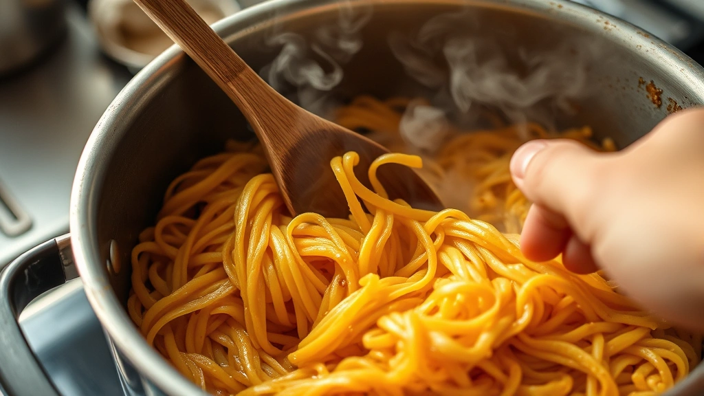 process: hand stirring golden-brown toasted fideo noodles in pot with wooden spoon, fragrant steam rising, close-up of toasting process, warm kitchen lighting, photorealistic, no text