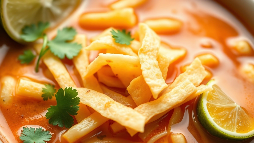 detail: close-up of bowl of sopa de fideo with crispy tortilla strips, fresh cilantro, lime wedge, creamy texture of broth visible, shallow depth of field, photorealistic, natural light, no text