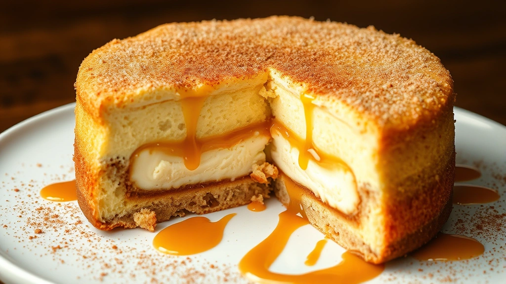 hero: golden sopapilla cheesecake with cinnamon sugar coating, creamy cheesecake layers visible in cross section, dulce de leche drizzle, photorealistic, natural daylight, no text