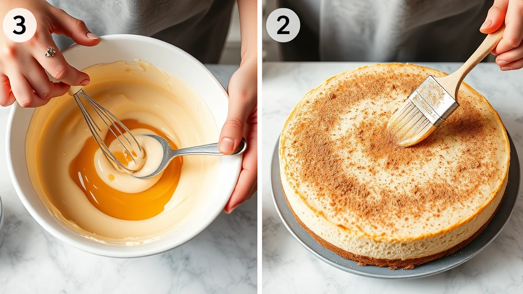 process: hands folding dulce de leche into cheesecake batter in white mixing bowl, cinnamon sugar topping being brushed on finished cheesecake, photorealistic, natural kitchen light, no text