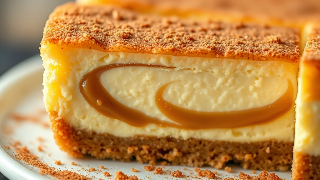 detail: close-up slice of sopapilla cheesecake showing layers of graham cracker crust, creamy filling with dulce de leche swirl, caramelized cinnamon sugar top, photorealistic macro, natural light, no text