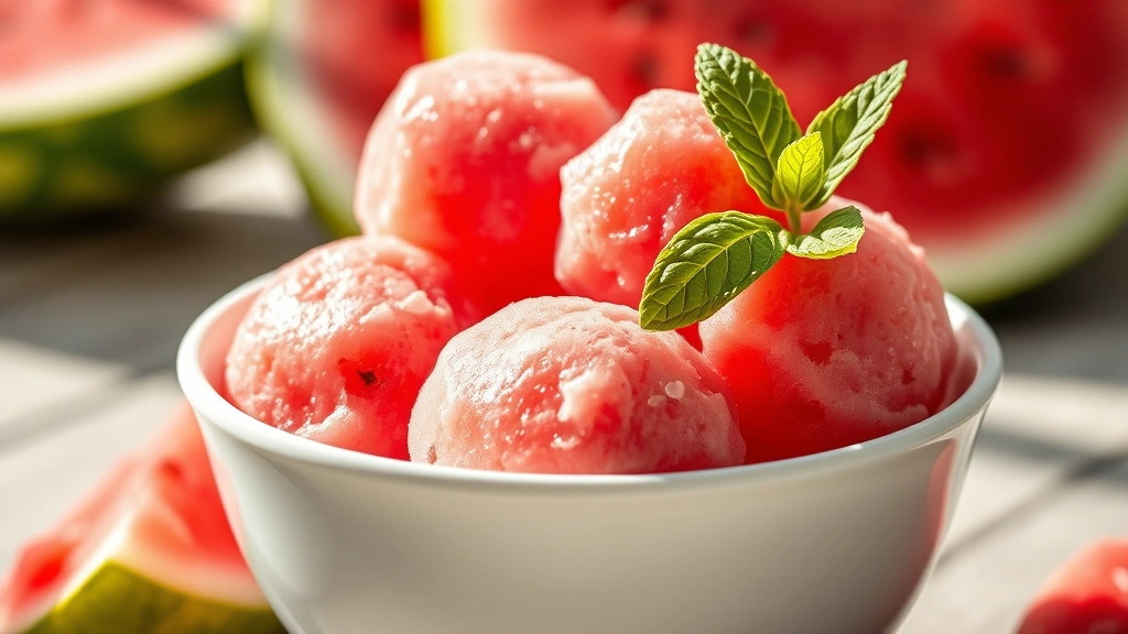 hero: vibrant pink watermelon sorbet scoops in white bowl with fresh mint leaf garnish, natural sunlight streaming across, droplets of condensation on bowl, blurred watermelon slices in background, photorealistic, no text