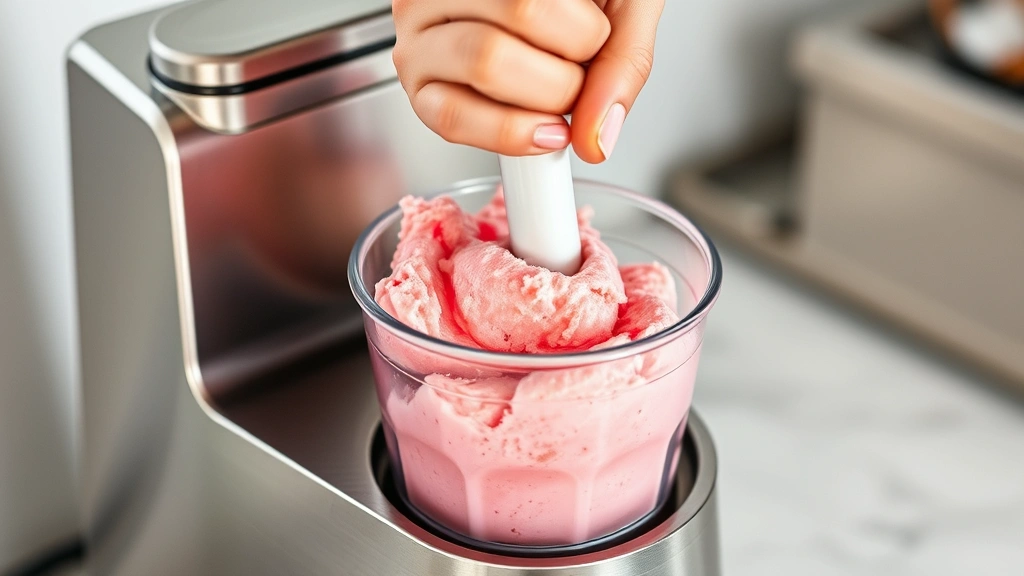 process: hand churning watermelon sorbet in ice cream maker, pink frozen mixture visible, stainless steel machine, natural kitchen lighting, mid-action shot, photorealistic, no text