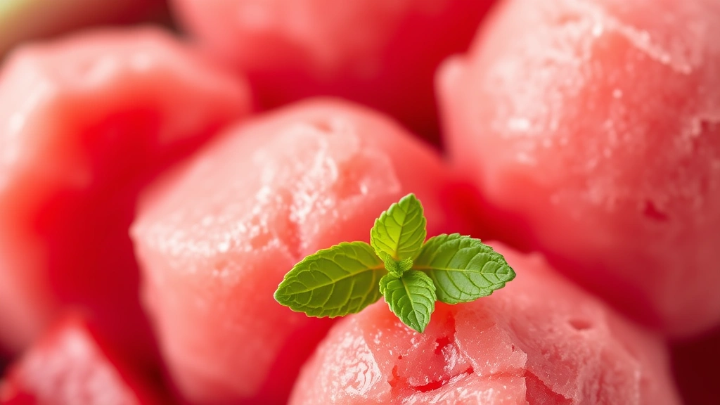 detail: close-up of three perfect scoops of watermelon sorbet showing smooth icy texture, fresh mint leaf on top, shallow depth of field, natural light, photorealistic, no text