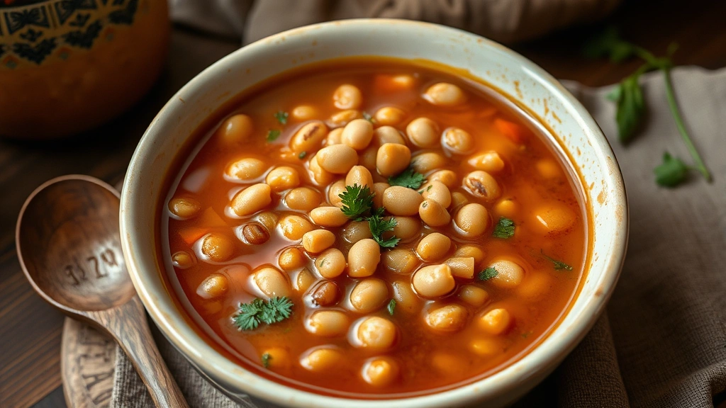 hero: steaming bowl of pinto soup beans with rich broth, tender beans visible, garnished with fresh herbs, wooden spoon resting nearby, warm lighting, rustic table setting, no text