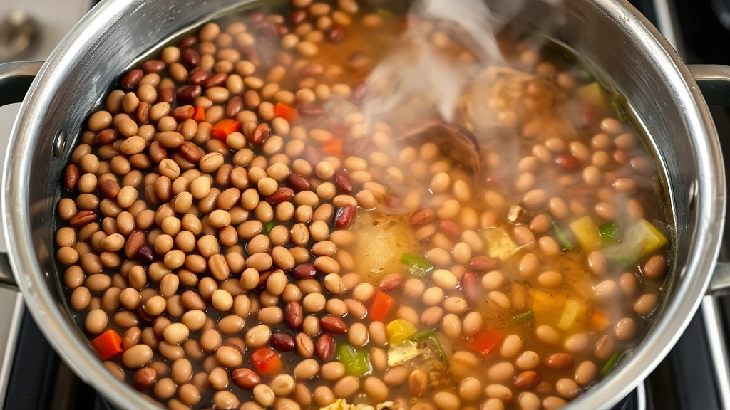 process: cooking dried beans simmering in large pot with vegetables and broth, steam rising, medium shot showing ingredients and cooking action, natural kitchen lighting, no text