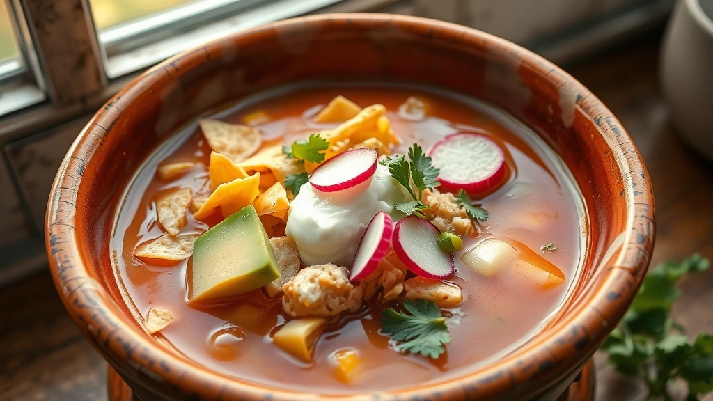 hero: steaming bowl of Mexican chicken soup with tortilla strips, avocado, radishes, cheese, and sour cream garnish, rustic Mexican ceramic bowl, vibrant colors, warm natural lighting from window, no text or watermarks