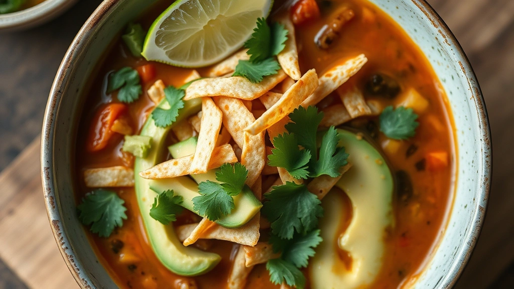 detail: close-up overhead shot of finished Mexican soup bowl showing layers of toppings including tortilla strips, creamy avocado, fresh cilantro, lime wedge, detailed texture, warm natural light, appetizing presentation
