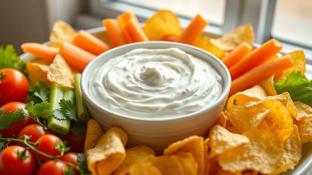hero: creamy sour cream dip in white bowl surrounded by fresh vegetables and potato chips, photorealistic, natural window light, no text, preppy table setting
