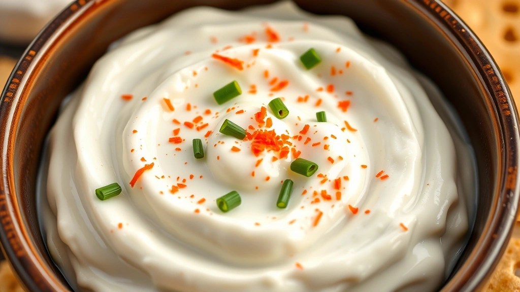 detail: close-up of creamy sour cream dip with fresh chives and paprika garnish in ceramic bowl, photorealistic, natural light, no text