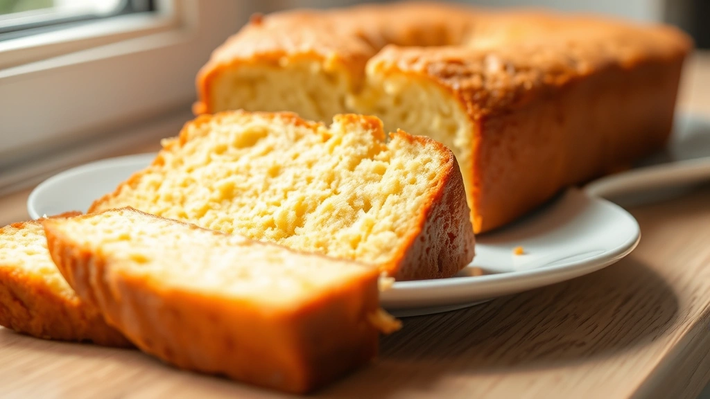 hero: golden sour cream pound cake on white plate, slice removed showing tender crumb, natural window light, food styling, no text
