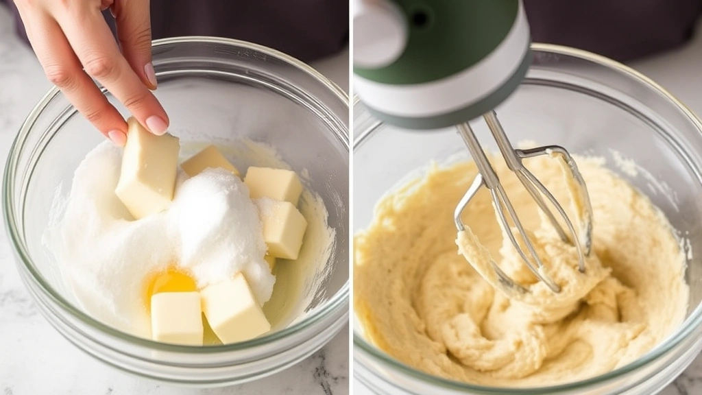 process: hand mixing butter and sugar in glass bowl with electric mixer, batter texture visible, natural kitchen light, no text