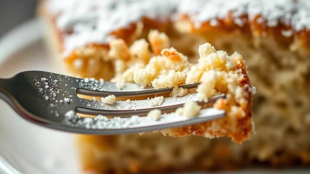 detail: close-up of cake slice with fork, showing fine tender crumb structure, dusted with powdered sugar, shallow depth of field, no text