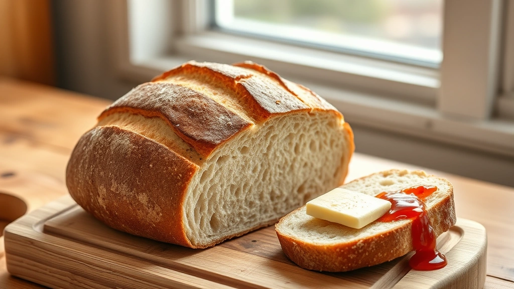hero: freshly baked sourdough loaf with crackling golden-brown crust, scored perfectly, steam rising, sitting on wooden cutting board with butter and jam, warm natural window light, artisan bakery style, no text