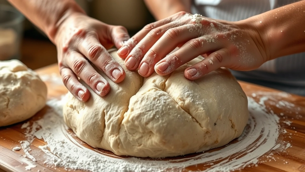 process: hands folding sourdough dough during bulk fermentation, showing gluten development and sticky dough texture, flour dusting hands, close-up detail, natural kitchen lighting, no text