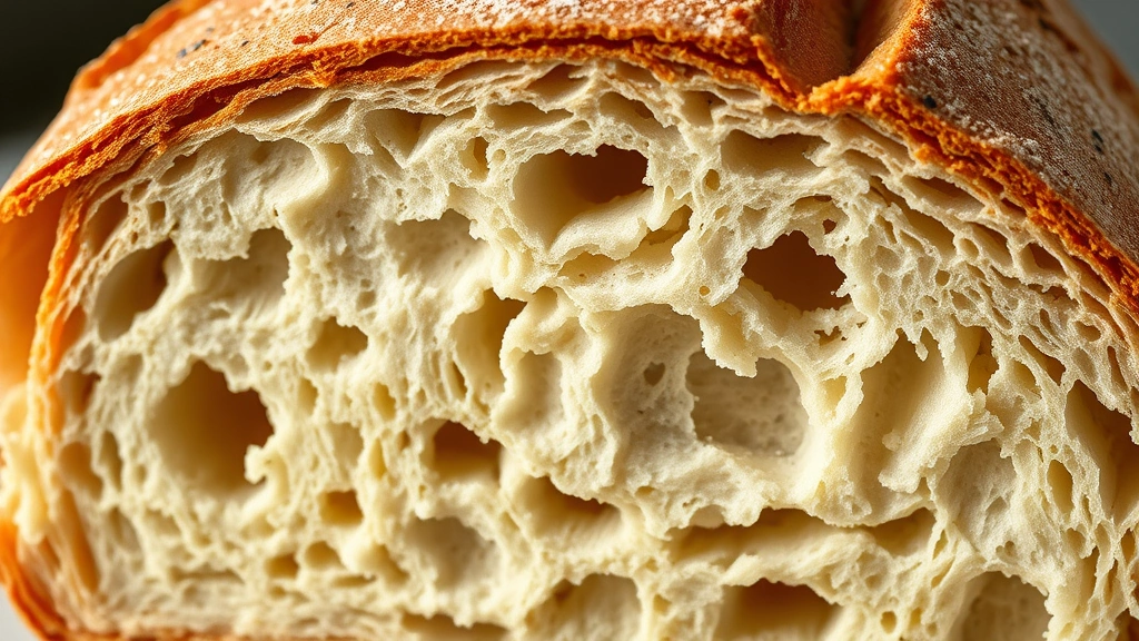 detail: cross-section of sliced sourdough showing open crumb structure with beautiful irregular holes, golden interior with slight tan crust, dramatic side lighting highlighting air pockets, no text