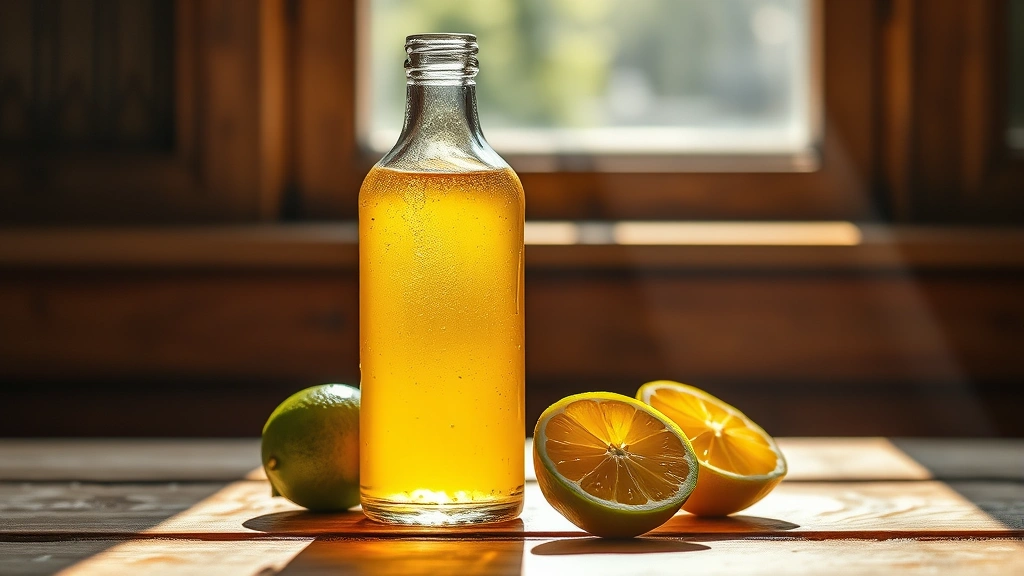 hero: vibrant golden sour mix in a vintage glass bottle with fresh lemon and lime halves beside it, photorealistic, natural sunlight streaming across wooden surface, no text