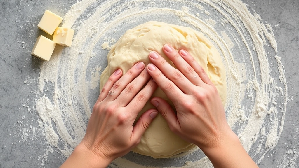 process: hands folding sourdough biscuit dough on a floured surface, cold butter pieces visible, close-up overhead shot, natural daylight, no text