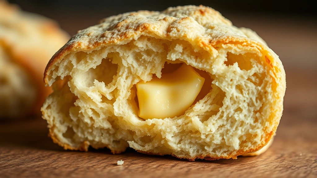 detail: close-up cross-section of a split sourdough biscuit showing flaky layers and tender crumb, butter melting inside, shallow depth of field, warm natural light, no text