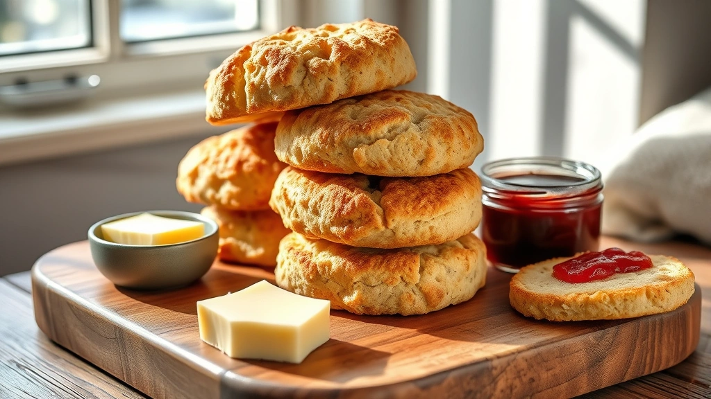 hero: golden-brown sourdough biscuits stacked on a rustic wooden board with butter and jam nearby, photorealistic, warm natural morning light streaming from window, no text