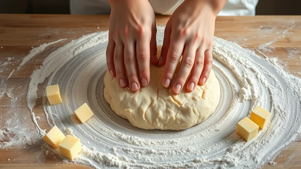 process: hands folding and cutting sourdough biscuit dough on floured surface with butter cubes visible, photorealistic, bright neutral kitchen lighting, no text