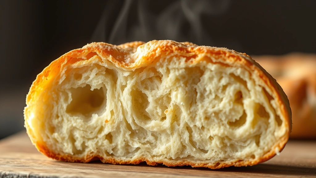 detail: close-up cross-section of split warm sourdough biscuit showing flaky layers and steam rising, photorealistic, soft natural light, no text