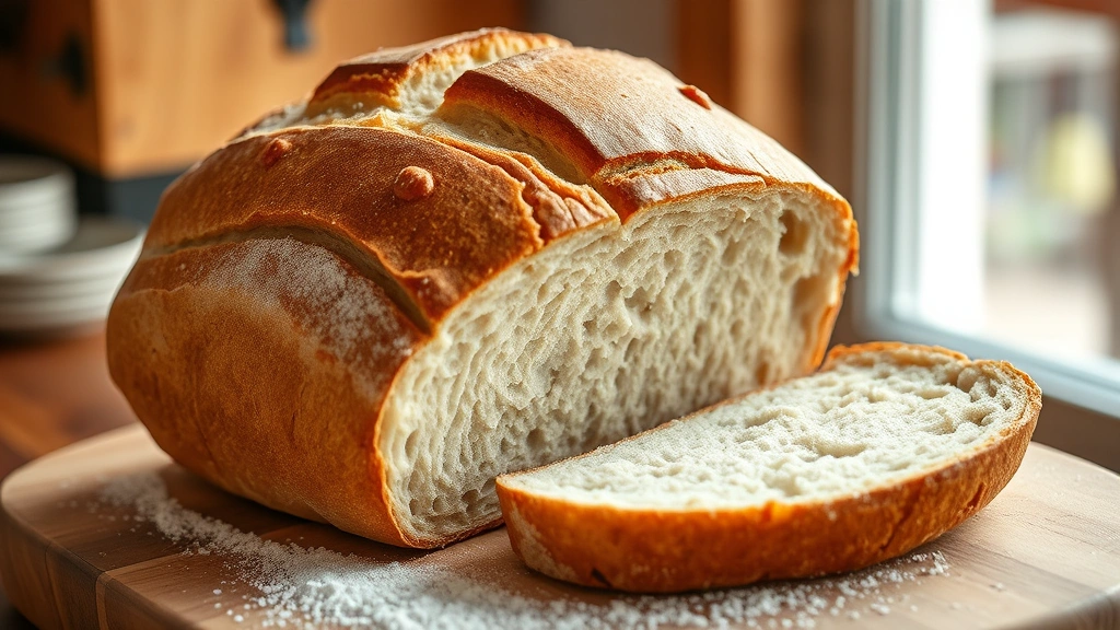 hero: freshly baked sourdough bread loaf with beautiful golden-brown crust and distinctive score marks, sliced to show open crumb structure, sitting on wooden board with flour dusting, warm natural window light, artisanal bakery style, no text or watermarks