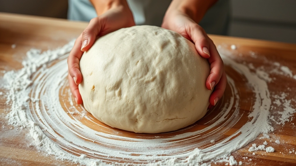 process: bread dough being shaped by hands into round boule, flour-dusted work surface, captured mid-shaping motion, warm natural kitchen lighting, close enough to see dough texture and technique, professional food photography style