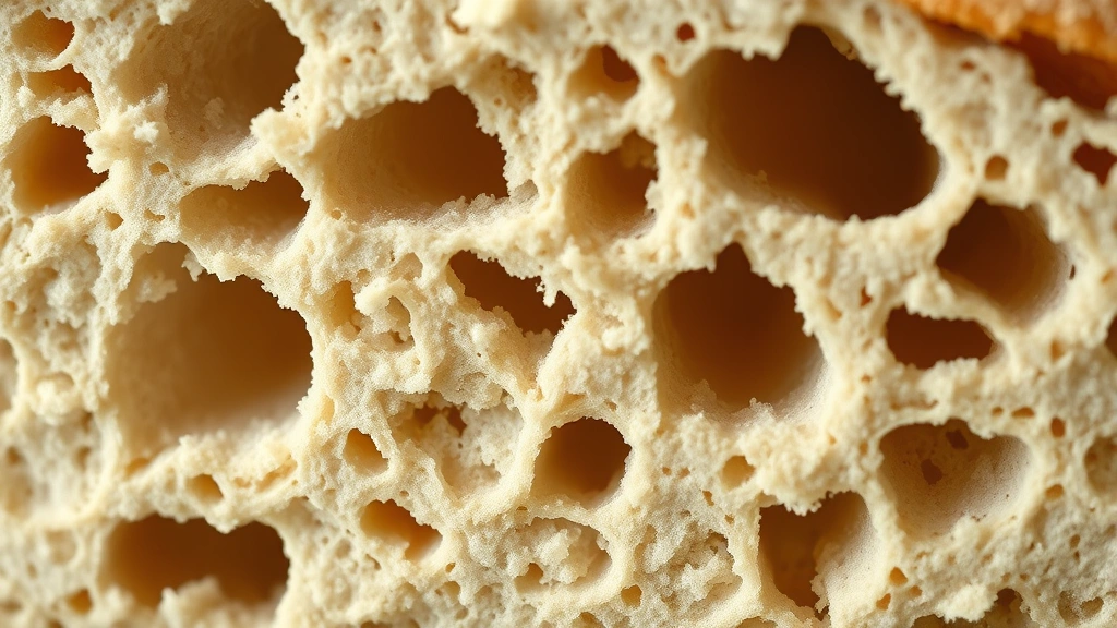detail: extreme close-up of sourdough crumb cross-section showing irregular holes and air pockets, beautiful tan and white colors, soft natural side lighting highlighting texture, shallow depth of field, artisanal quality, no text