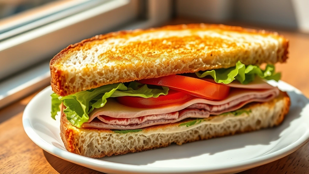 hero: perfectly cut sourdough bread sandwich with visible layers of meat, cheese, tomato, and lettuce, diagonal cut showing interior, crusty golden bread exterior, served on white plate with natural window light, warm afternoon shadows, no text or labels
