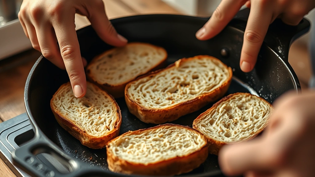 process: hands toasting sourdough bread slices in cast iron skillet, bread golden and crispy, small bubbles visible on surface, warm kitchen lighting, shallow depth of field, no text