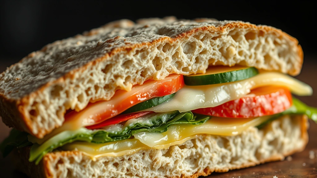 detail: close-up macro shot of sandwich cross-section showing layers of ingredients, sourdough texture with open crumb structure clearly visible, melted cheese, fresh vegetables, dramatic side lighting emphasizing textures and colors, no text