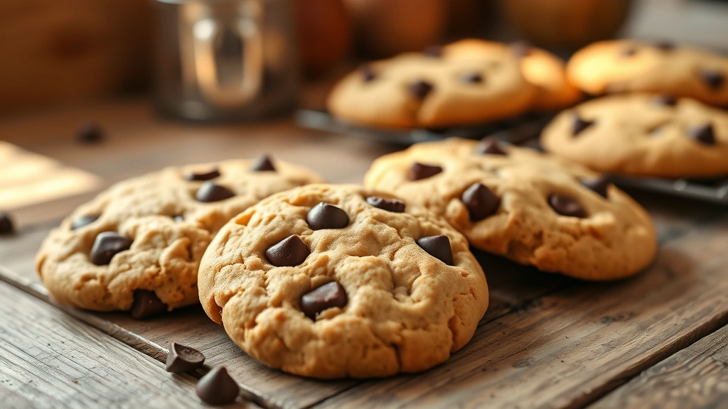 hero: golden-brown sourdough cookies with chocolate chips on a rustic wooden surface, warm natural sunlight streaming from the left, shallow depth of field with some cookies in focus and others slightly blurred in the background, cozy home kitchen aesthetic, photorealistic, no text or watermarks