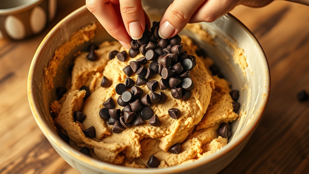 process: hands folding chocolate chips into sourdough cookie dough in a ceramic mixing bowl, warm golden lighting, close-up angle showing the dough texture and chocolate being incorporated, photorealistic, natural kitchen setting, no text or watermarks