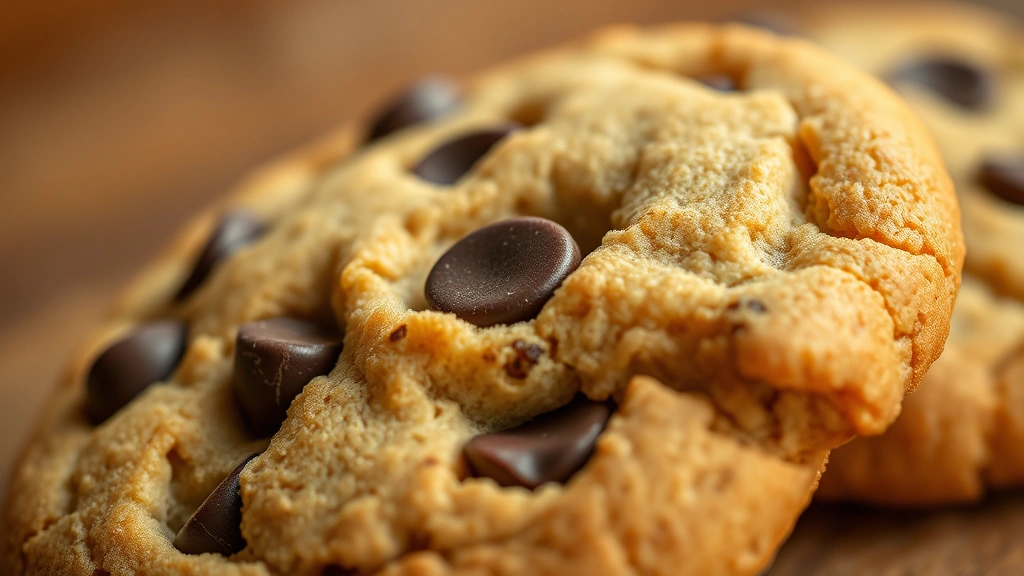detail: extreme close-up of a single sourdough cookie showing the crispy golden edge and chewy center with melted chocolate chips, warm backlighting highlighting the texture, photorealistic, no text or watermarks