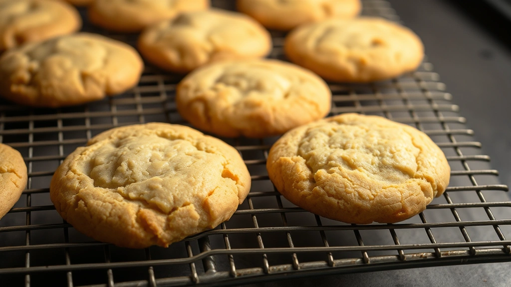 hero: golden sourdough cookies cooling on wire rack, fresh from oven, warm lighting, soft shadows, close enough to see tender crumb texture, no text or watermarks