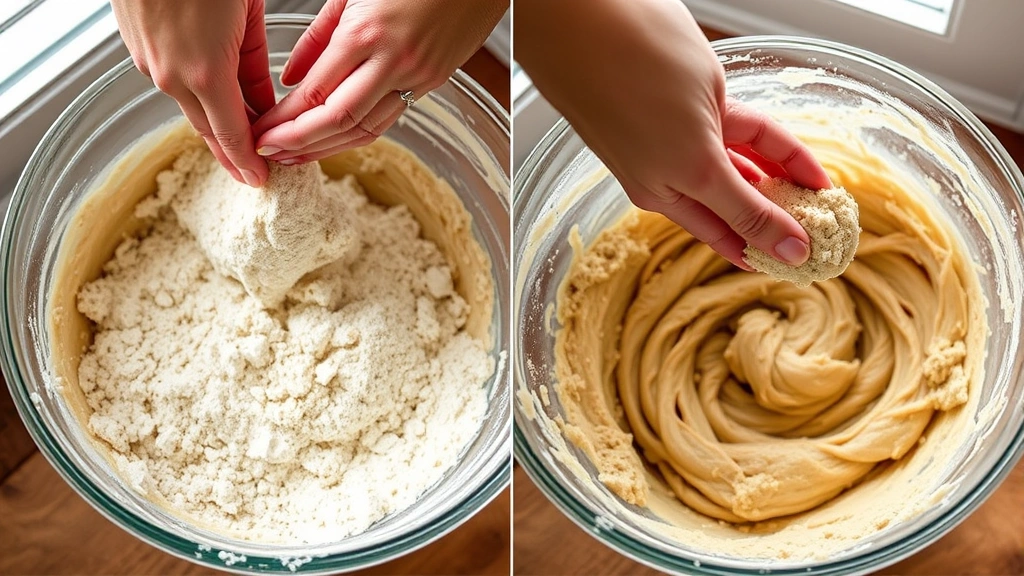 process: hands folding dry flour mixture into sourdough cookie dough in mixing bowl, natural window light, action shot, no text or watermarks