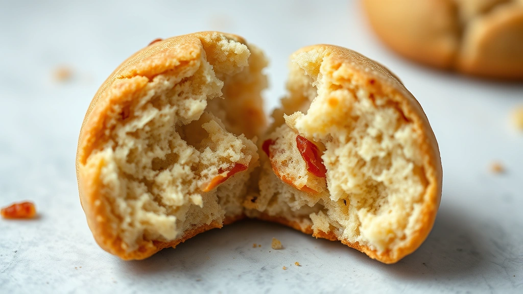 detail: single sourdough cookie broken in half showing chewy center texture, golden edges, crumb structure visible, natural diffused lighting, no text or watermarks