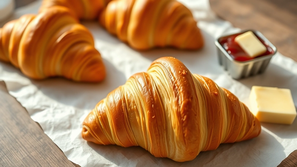 hero: Golden-brown sourdough croissants arranged on white parchment paper with butter and jam, photorealistic, warm natural morning light, no text, shallow depth of field