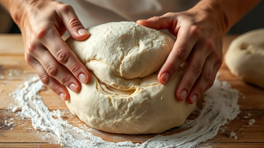 process: Hands folding laminated sourdough dough showing visible butter layers, photorealistic, natural kitchen light, no text, close action shot