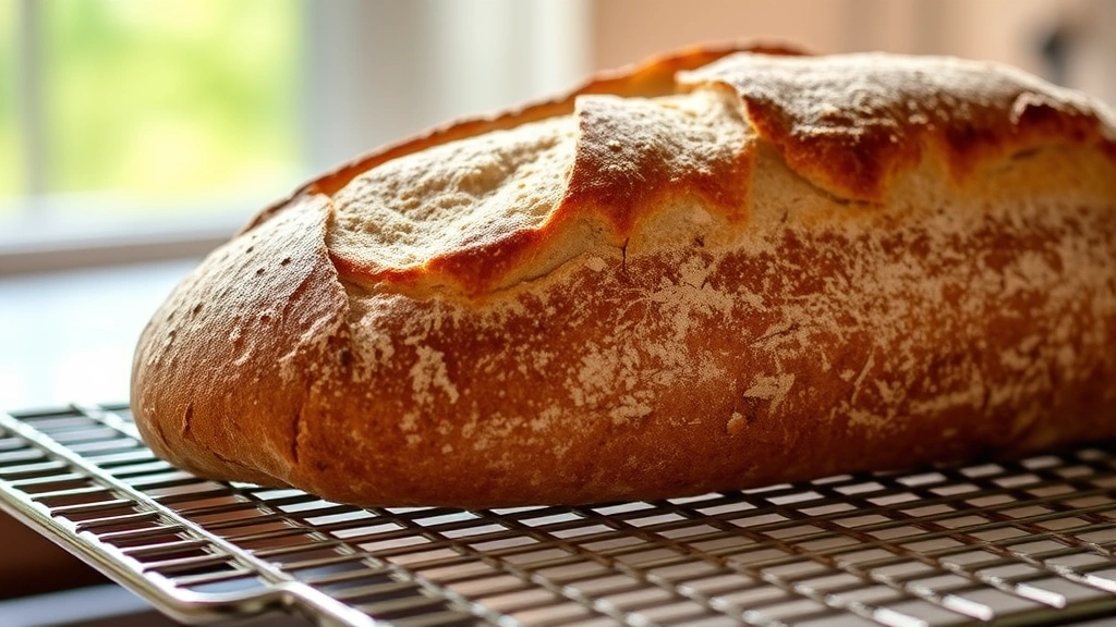 hero: rustic sourdough loaf with crispy golden-brown crust and beautiful scoring, fresh from oven, natural window light, cooling on wire rack, artisanal bread photography style
