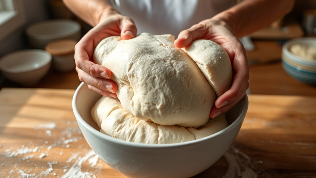 process: hands stretching and folding sourdough dough in a bowl during bulk fermentation, visible gluten development, natural daylight, home kitchen setting