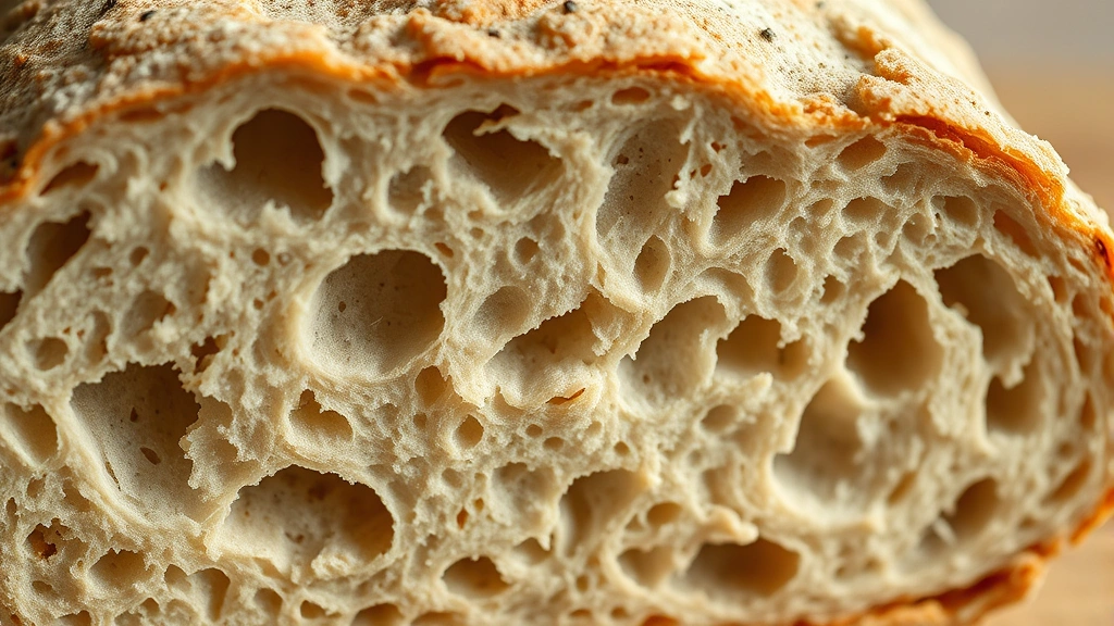 detail: close-up cross-section of sourdough showing open crumb structure with irregular holes, crusty exterior, and soft interior, shot in natural light with shallow depth of field