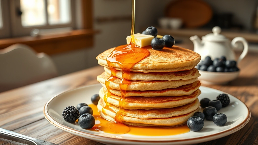 hero: stack of golden fluffy sourdough pancakes topped with melting butter and maple syrup dripping down, fresh berries scattered on plate, warm natural morning light from window, rustic farmhouse table